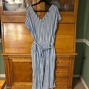 AnyBody Textured Soft Knit Tie-Front Wide Leg Jumpsuit Blue Stripe Size LP